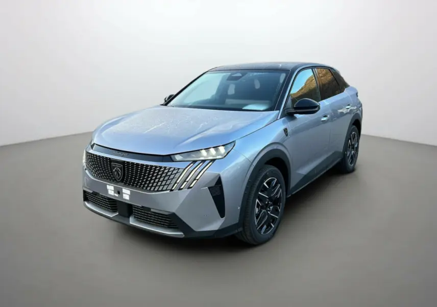 Peugeot 3008 Hybrid 145 GT Alcantara gris artense toit noir, vue 3/4 avant avec calandre distinctive et jantes alu noires.