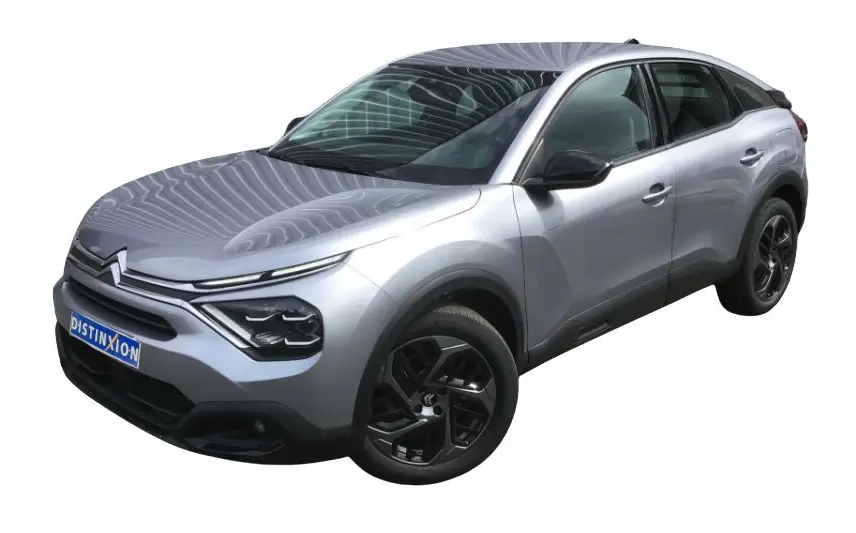 Citroën C4 III gris acier en vue 3/4 avant droit, avec jantes noires et signature lumineuse LED distinctive.