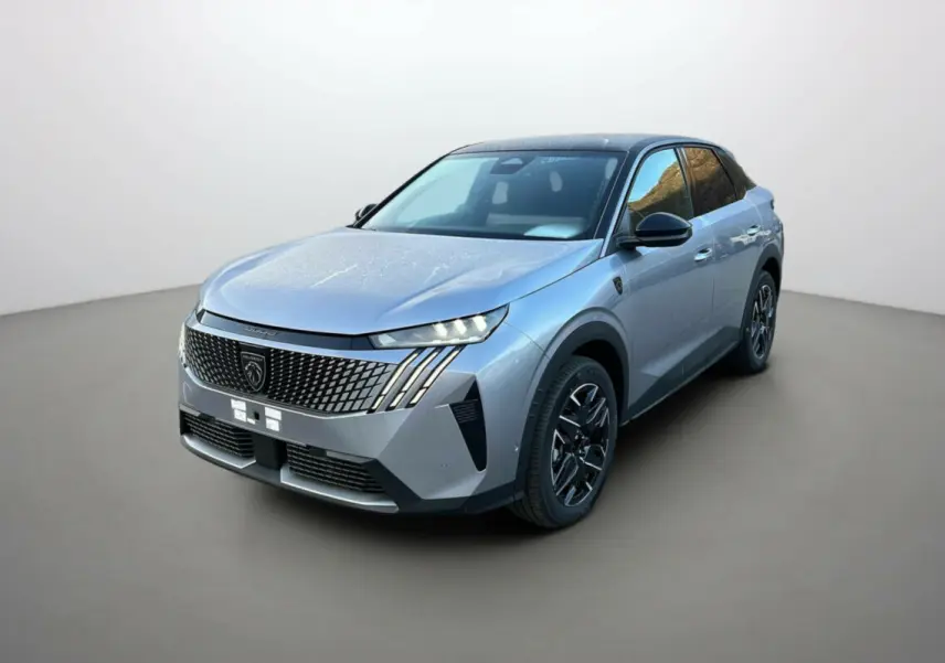 Peugeot 3008 Hybrid 145 GT Alcantara gris artense avec toit noir, vue 3/4 avant mettant en valeur la calandre distinctive.