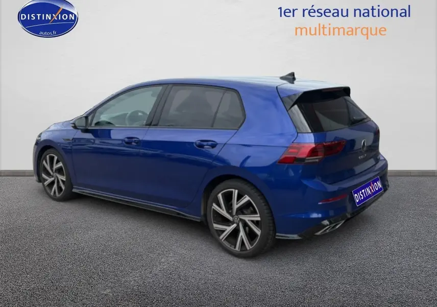 Volkswagen Golf 1.5 etsi opf 130 R-Line bleu vue profil côté gauche avec jantes alu et vitres surteintées.