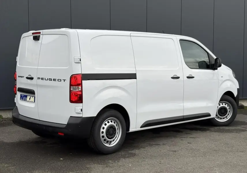 Vue 3/4 arrière droite du Peugeot Expert Fourgon blanc Icy avec portes tôlées et jantes tôles grises.