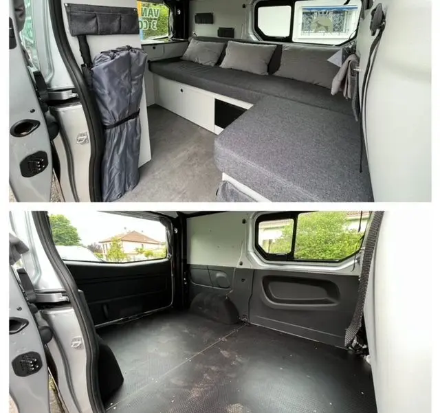 Intérieur du Renault Trafic Fourgon gris Comète vu côté gauche, montrant l'aménagement avec banquette-lit et rangements.