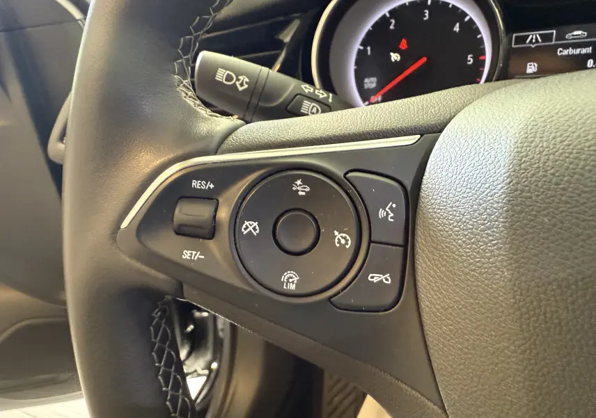 Gros plan sur les commandes du volant côté gauche de l'Opel Insignia Sports Tourer 2019, cuir noir et tableau de bord partiel.