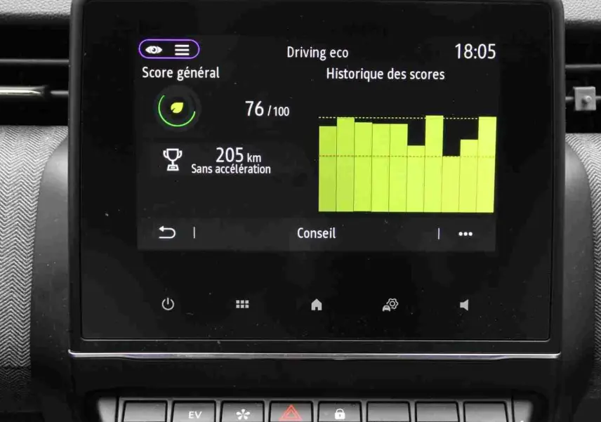 Écran tactile central de la Renault Clio V 1.6 e-Tech hybride 2025 affichant le score eco et l'historique de conduite.