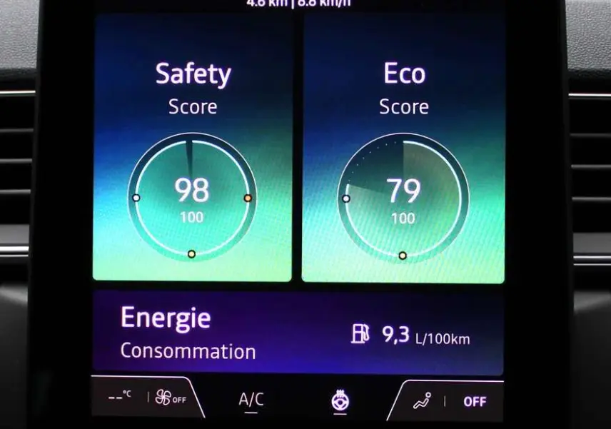 Écran tactile central du tableau de bord du Renault Captur 2025, affichant scores de conduite et consommation.