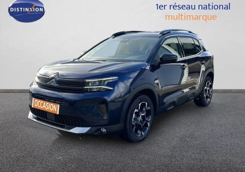 Citroën C5 Aircross bleu Eclipse Metal vue 3/4 avant droit avec jantes bi-ton et toit noir.