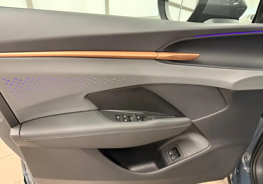 Vue intérieure côté gauche de la porte avant d'une CUPRA TERRAMAR 2025, avec garniture noire et insert cuivré.