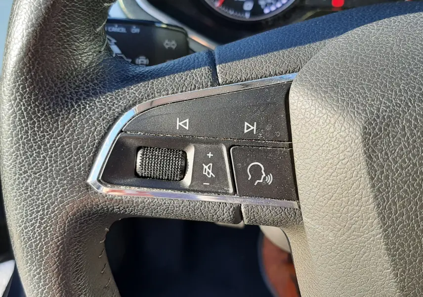 Gros plan sur les commandes audio et vocales au volant d'une SEAT Arona 2019, intérieur gris.