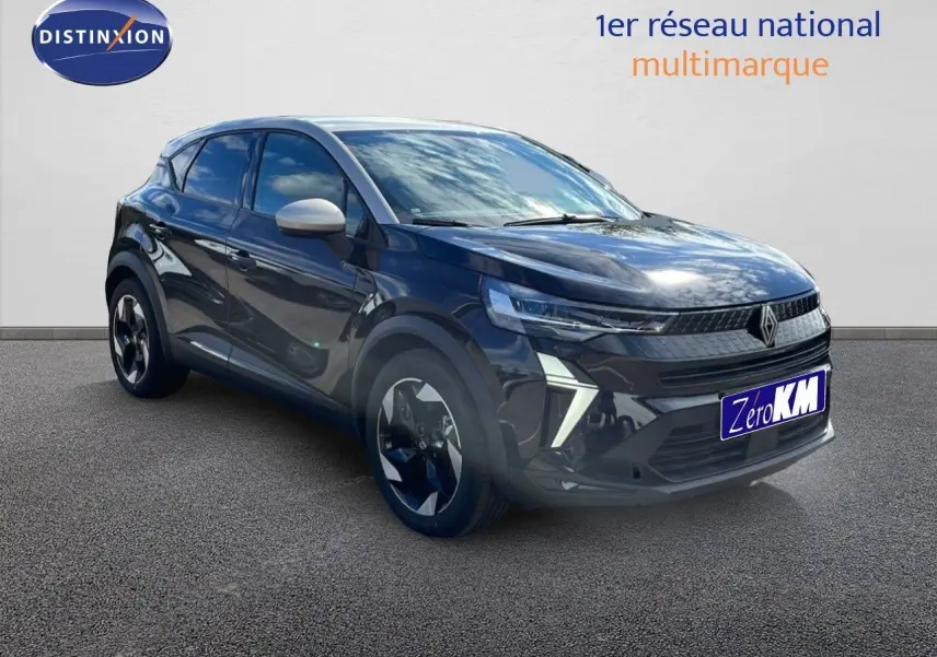 Renault Captur 2025 noir étoile métal avec toit gris, vue 3/4 avant droit mettant en valeur ses feux LED distinctifs.