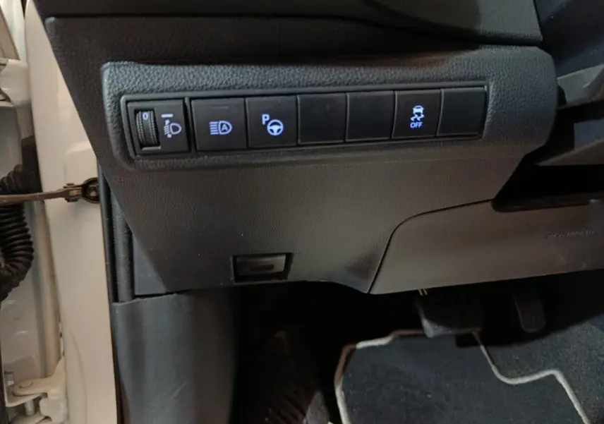 Vue intérieure côté gauche de la planche de bord noire avec commandes d'assistance et partie de la portière blanche ouverte.