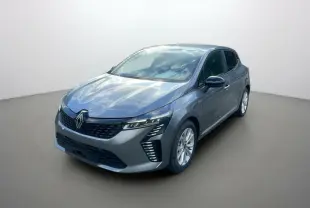 Renault Clio gris schiste en 3/4 avant droit, avec feux full LED et jantes alu 16 pouces pack look.