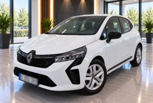 Renault Clio blanc glacier vue 3/4 avant droit, avec calandre noire et rétroviseurs noirs brillants.