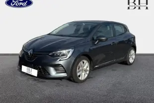Renault Clio 1.6 E-Tech hybride gris titanium vue 3/4 avant droit avec phares LED et jantes alliage.