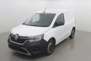 Renault Kangoo Van blanc vue 3/4 avant droit, avec pare-chocs noir et jantes acier simples.