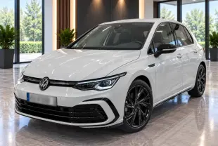 Volkswagen Golf 1.5 eTSI blanche vue 3/4 avant en intérieur avec jantes noires Bergamo 18 pouces.