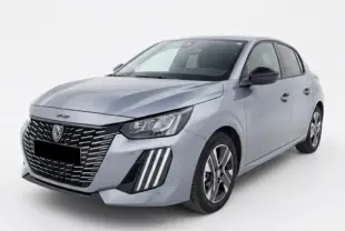 Peugeot 208 Hybrid 110 e-DCS6 Allure gris vue 3/4 avant droit avec calandre distinctive et feux LED verticaux.