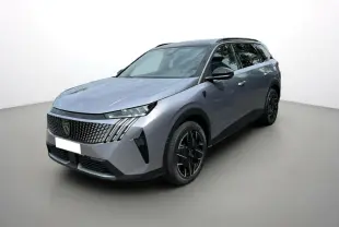 Peugeot 5008 Hybrid gris artense avec toit noir, vue 3/4 avant mettant en valeur la calandre et jantes noires.