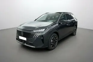 Peugeot 5008 Hybrid 145 gris titane avec toit noir, vue 3/4 avant mettant en valeur les phares LED et jantes 19 pouces.