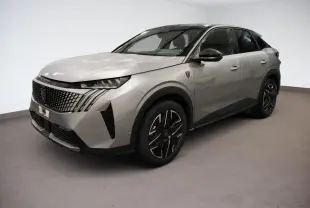 Peugeot 3008 Hybrid gris Artense en vue 3/4 avant droit, avec toit noir et jantes alliage noires diamantées.