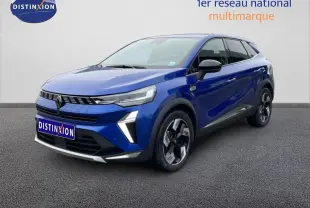 Renault Symbioz E-Tech Full Hybrid bleu Iron Metal, vue 3/4 avant droit avec jantes noires et grises distinctives.