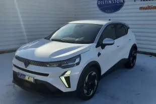 Renault Captur 2025 blanc nacré toit gris en 3/4 avant droit, avec feux LED et jantes noires distinctives.