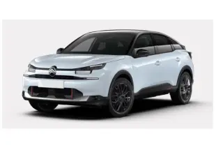 Citroën C4 hybride 2025 blanc Okenite avec toit noir Perla, vue 3/4 avant mettant en valeur ses jantes noires et son design moderne.