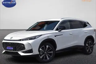 MG Motor EHS blanc métallisé vu en 3/4 avant droit, avec jantes alliage noires et vitres surteintées.