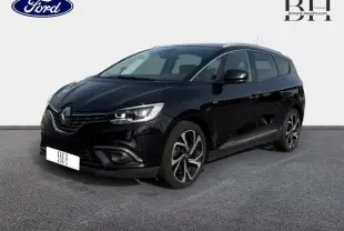 Renault Grand Scenic noir étoilé en vue 3/4 avant droit, avec phares LED et jantes alliage distinctives.