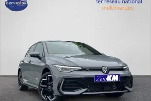 Volkswagen Golf 2.0 TDI R-Line gris Urano vue 3/4 avant avec jantes alu et calandre sportive noire.