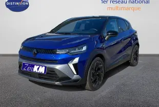 Renault Captur E-Tech hybride 2025 bleu Iron Metal avec toit noir, vue 3/4 avant côté droit, jantes noires distinctives.