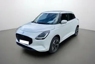 Suzuki Swift 2025 blanche vue 3/4 avant droit avec jantes alu et vitres surteintées