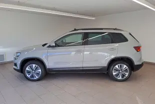 Vue de profil côté gauche du Skoda Karoq gris perle 2023 avec toit ouvrant panoramique et jantes alliage.