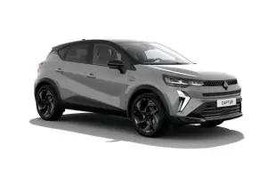 Renault Captur esprit Alpine hybride 2026 gris clair, vue 3/4 avant droit avec jantes noires et toit noir.