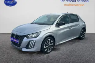 Vue 3/4 avant droit d'une Peugeot 208 1.2 100 style gris artense avec phares LED et jantes alliage.