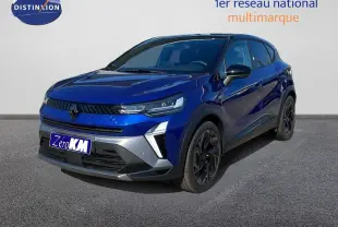 Renault Captur E-Tech hybride bleu Iron Metal avec toit noir, vue 3/4 avant droit soulignant ses jantes noires.