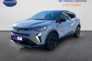 Renault Captur E-Tech hybride gris Rafale métal avec toit noir, vue 3/4 avant droit, jantes noires distinctives.