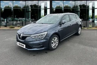 Renault Mégane Business Blue dCi 115 gris, vue 3/4 avant droit avec calandre et phares LED visibles