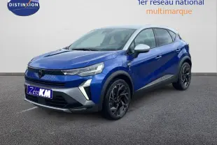 Renault Captur E-Tech hybride 2025 bleu Iron Metal avec toit gris, vue 3/4 avant côté droit sur fond neutre.
