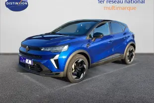 Renault Captur E-Tech hybride bleu Iron Metal avec toit noir, vue 3/4 avant droit sur fond neutre.