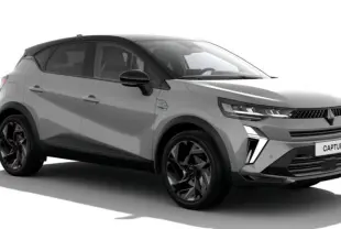 Renault Captur Full Hybrid E-Tech 160 Esprit Alpine gris Rafale avec toit noir, vue 3/4 avant droit mettant en valeur ses optiques LED.