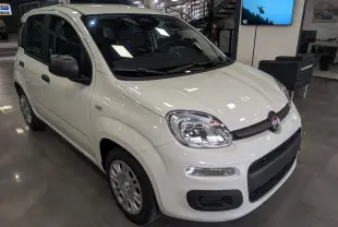 Vue 3/4 avant d'une FIAT Panda 1.0 Hybrid blanche Gelato en showroom, avec rétroviseurs noirs et jantes acier.