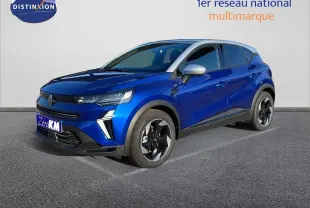 Renault Captur E-Tech hybride 2025 bleu Iron Metal avec toit gris, vu de 3/4 avant droit sur fond neutre.
