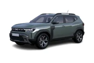 SUV Dacia Duster 2026 kaki lichen en vue 3/4 avant droit, avec protections noires et jantes bi-ton.