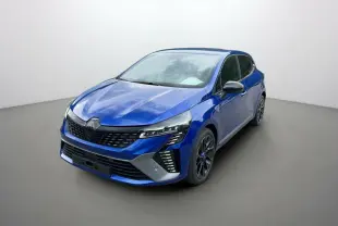 Renault Clio V E-Tech 145 Esprit Alpine bleu iron vue 3/4 avant droit avec jantes noires distinctives