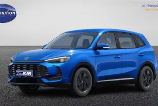 MG ZS 1.5 L Hybrid+ 2025 en Cosmo Blue, vue 3/4 avant avec calandre noire et jantes 16'' noires.