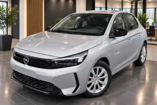 Opel Corsa 2025 gris kristall vue 3/4 avant en intérieur, avec calandre noire et jantes argentées.
