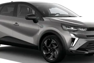 Renault Captur Esprit Alpine gris foncé vue 3/4 avant droit avec signature lumineuse LED et jantes noires.