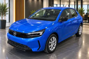 Opel Corsa 1,2 100 CV Edition bleu voltaik vue 3/4 avant en intérieur avec jantes argentées et rétroviseurs noirs.