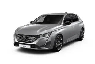 Peugeot 308 gris Artense vue 3/4 avant droit, avec calandre distinctive et jantes alliage bicolores.