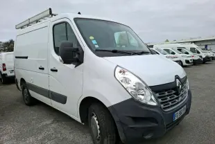 Renault Master blanc en vue 3/4 avant droit, fourgon utilitaire avec galerie de toit et pare-chocs noir.